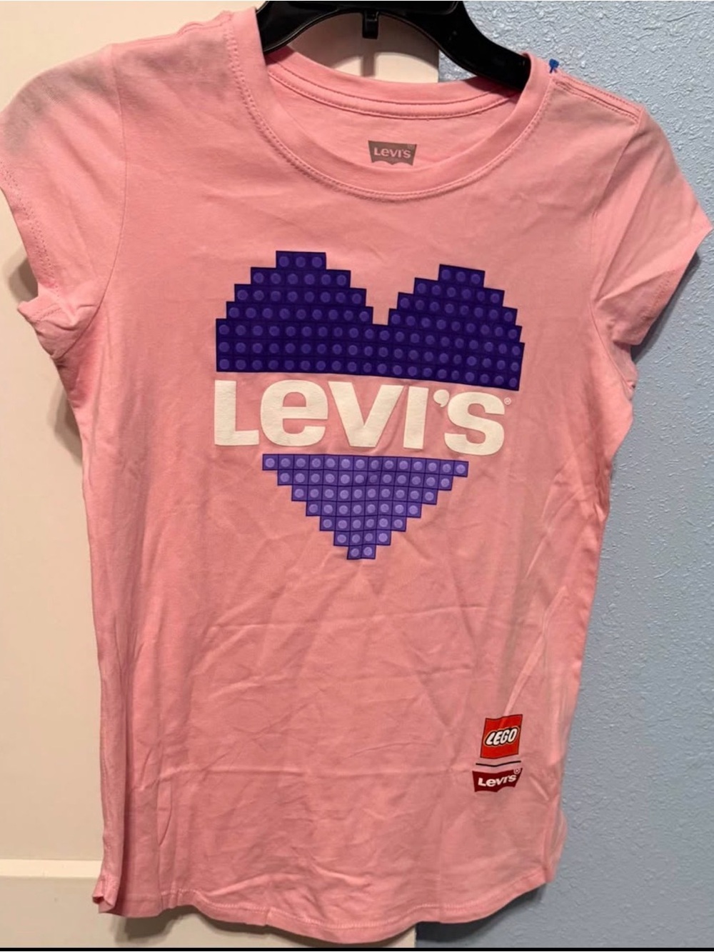 Levi's Pink Tee with Purple Pixel Heart Graphic